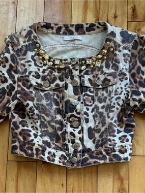 Leopard Print Cropped Denim Jacket with Gold Studs - Size 42